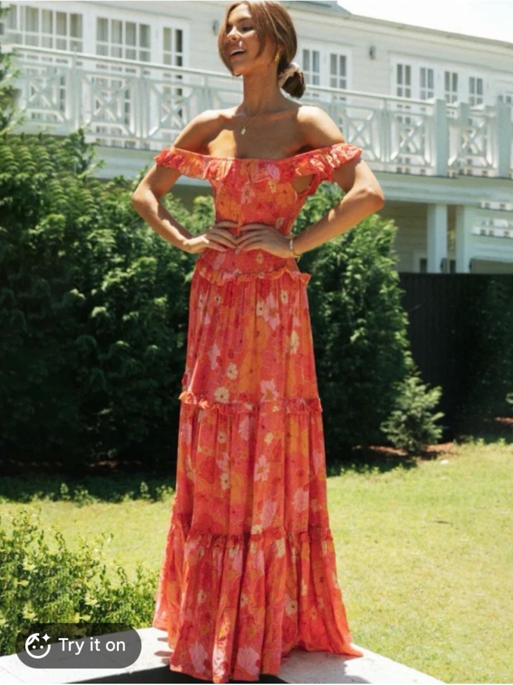 Abel the Label Off-Shoulder Tiered Smocked Maxi Dress Boho XSmall XS Orange